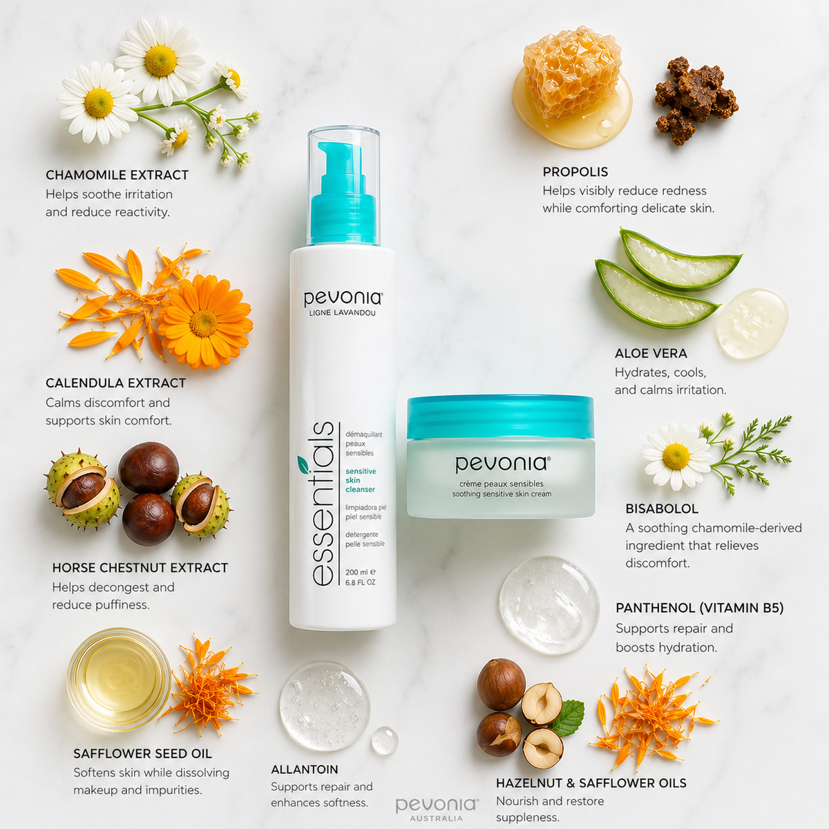 Ingredient flatlay of Pevonia Sensitive Skin Cleanser and Soothing Sensitive Skin Cream with chamomile extract, propolis, aloe vera, calendula, panthenol and safflower oil for calming and hydrating sensitive skin