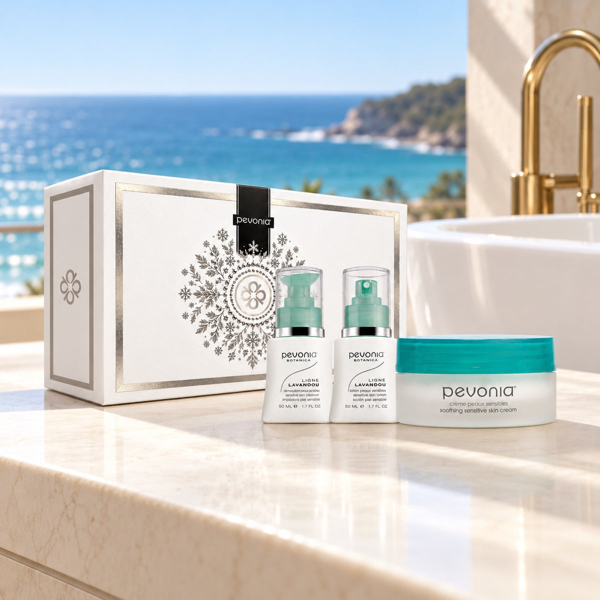 PEVONIA Sensitive Skin Gift Box in an Australian summer Christmas setting. File: pevonia-sensitive-skin-gift-box-australian-summer-2026.jpg