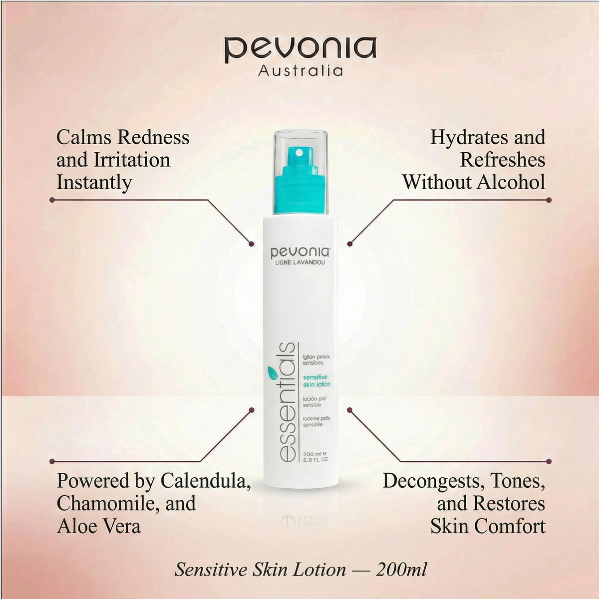 Pevonia Australia sensitive skin lotion bottle with product features on a gradient background