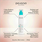 Pevonia Australia sensitive skin lotion bottle with product features on a gradient background