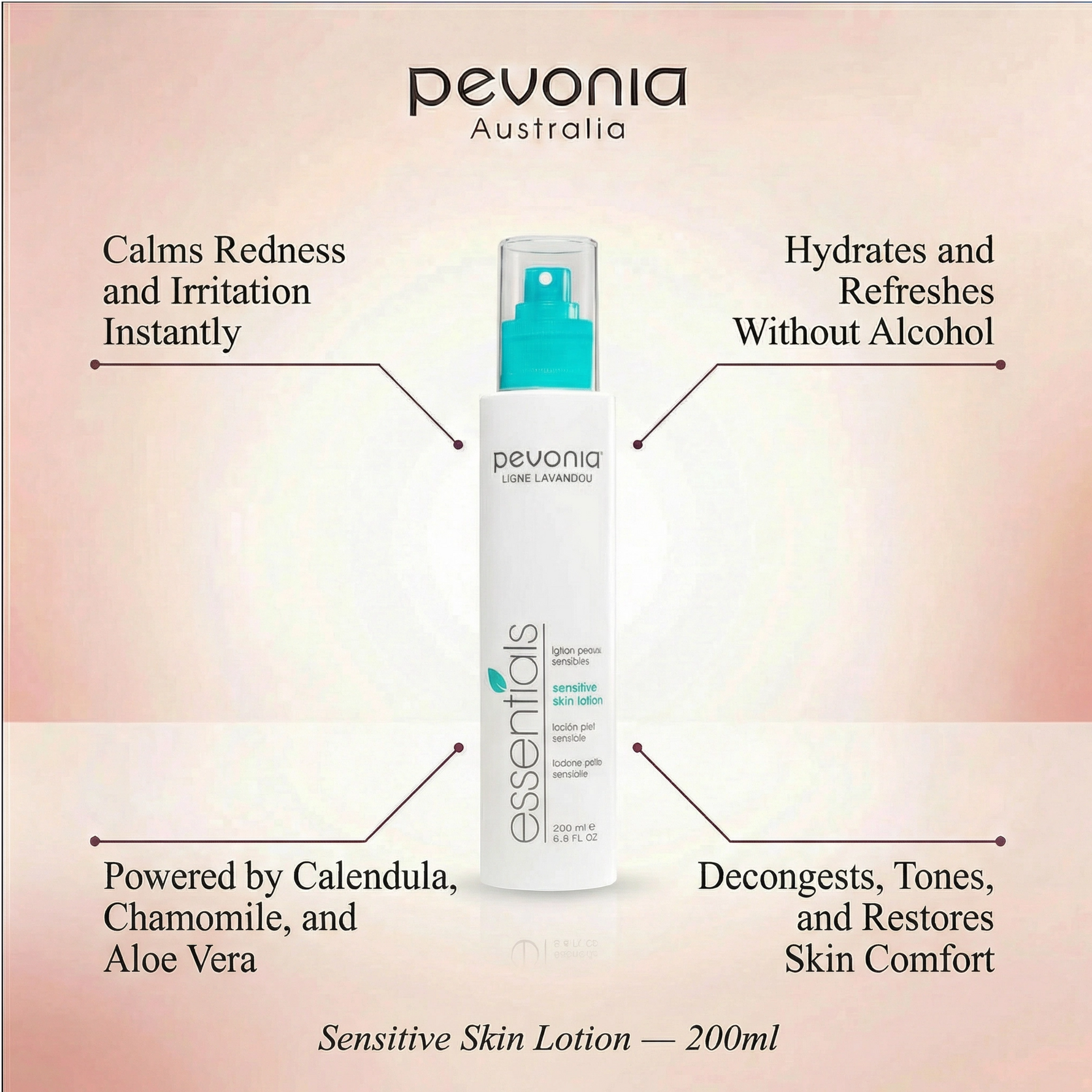 Pevonia Australia sensitive skin lotion bottle with product features on a gradient background