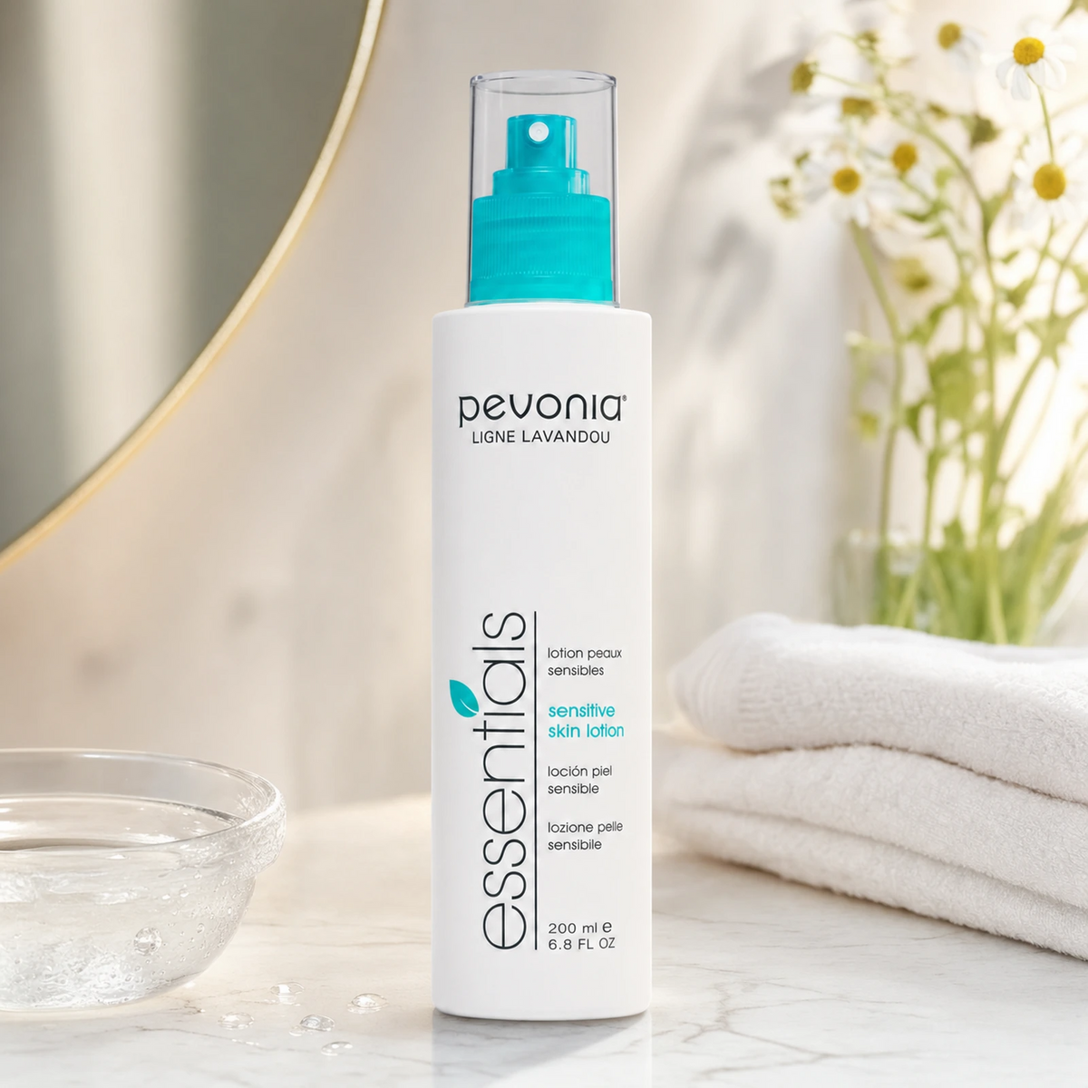 Pevonia Sensitive Skin Lotion 200ml on a luxury bathroom vanity for sensitive, red and reactive skin