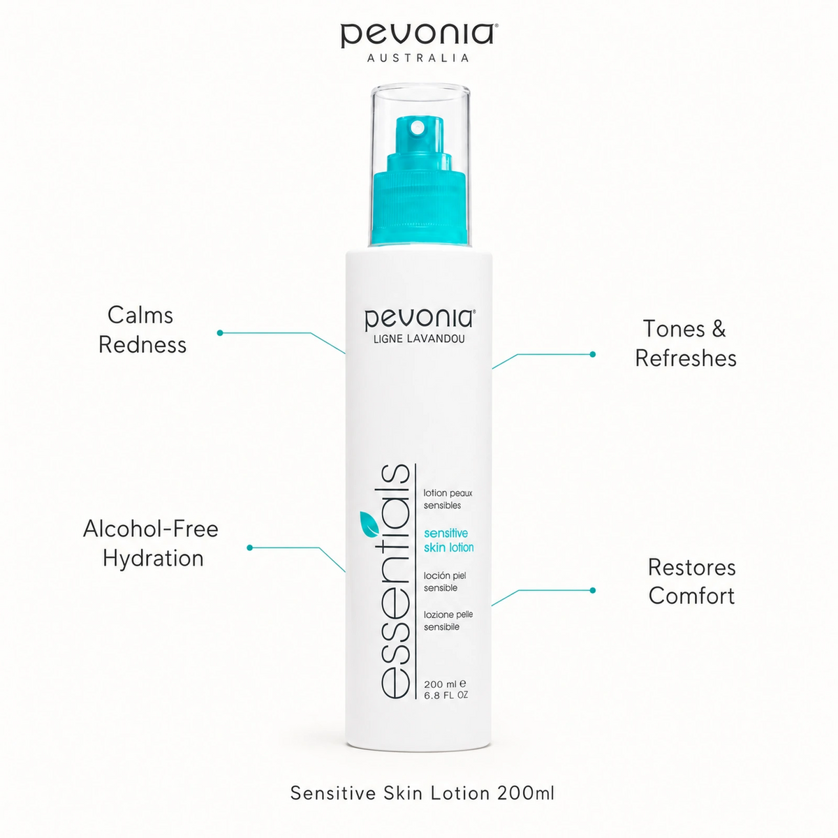 Pevonia Sensitive Skin Lotion 200ml with benefits for redness, alcohol-free hydration, toning and skin comfort