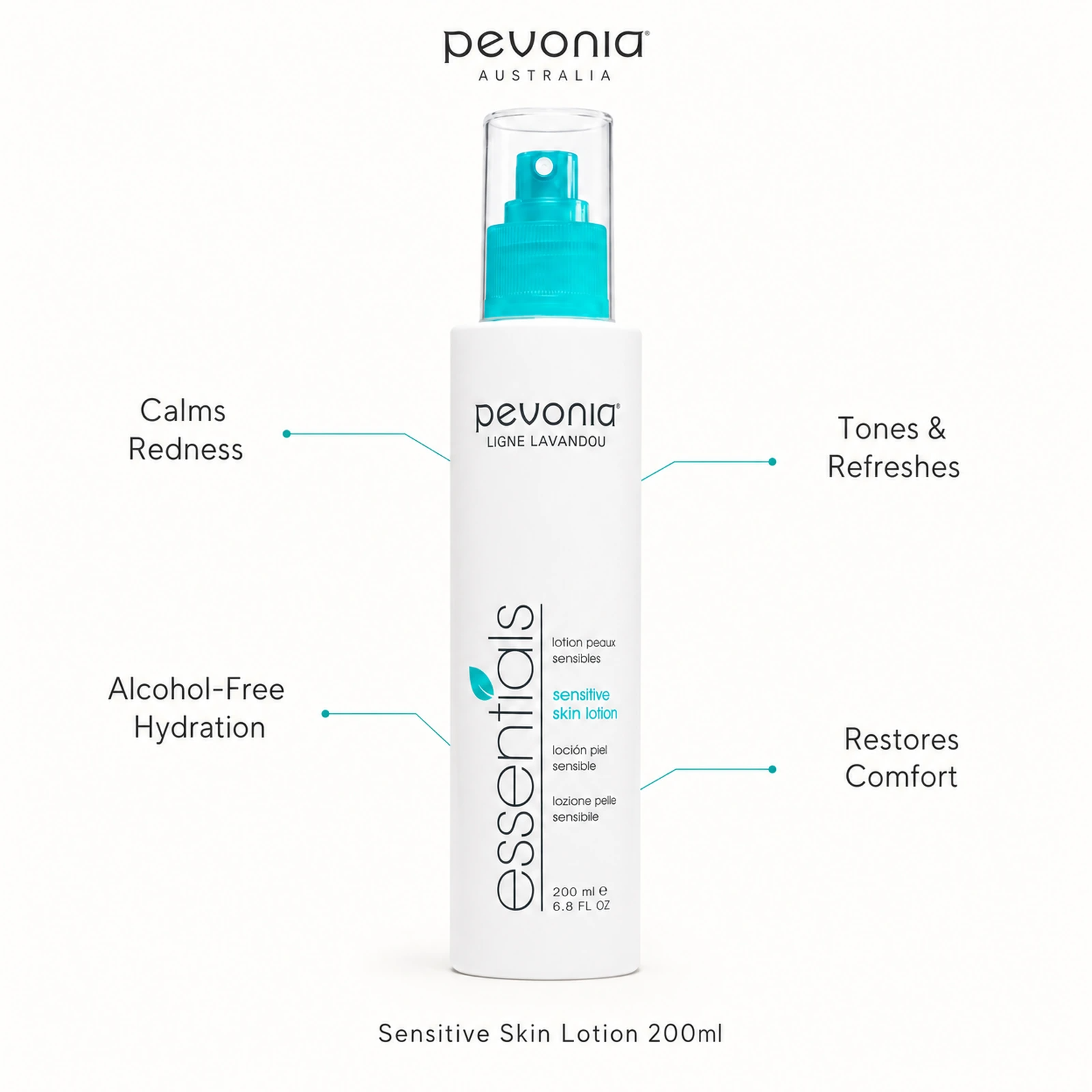 Pevonia Sensitive Skin Lotion 200ml with benefits for redness, alcohol-free hydration, toning and skin comfort