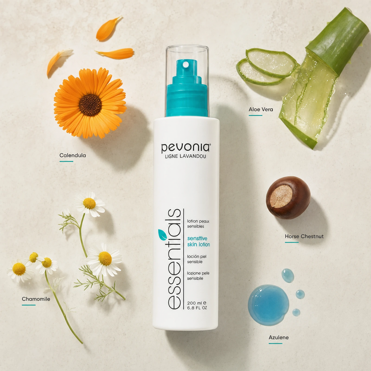 Pevonia Sensitive Skin Lotion 200ml ingredient flatlay with Calendula, Chamomile, Aloe Vera, Horse Chestnut and Azulene