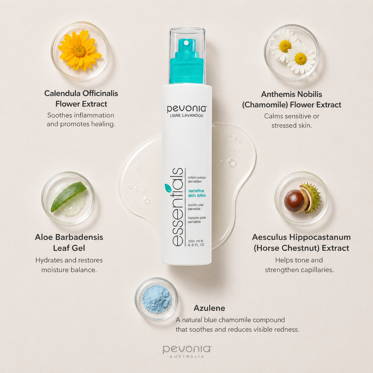 Pevonia Sensitive Skin Lotion ingredient flatlay showing calendula, chamomile, aloe vera, horse chestnut extract, and azulene around spray bottle on neutral background