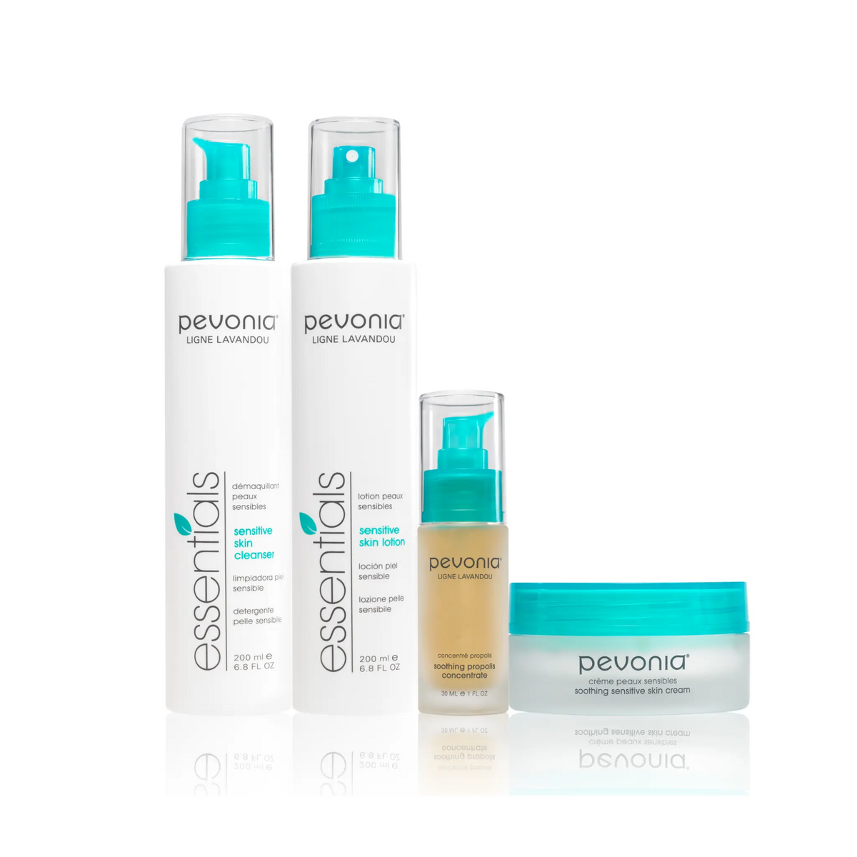 Complete Pevonia Sensitive Skin range including Sensitive Skin Cleanser Sensitive Skin Lotion Soothing Propolis Concentrate and Soothing Sensitive Skin Cream for calming reactive and redness prone skin professional clinic use