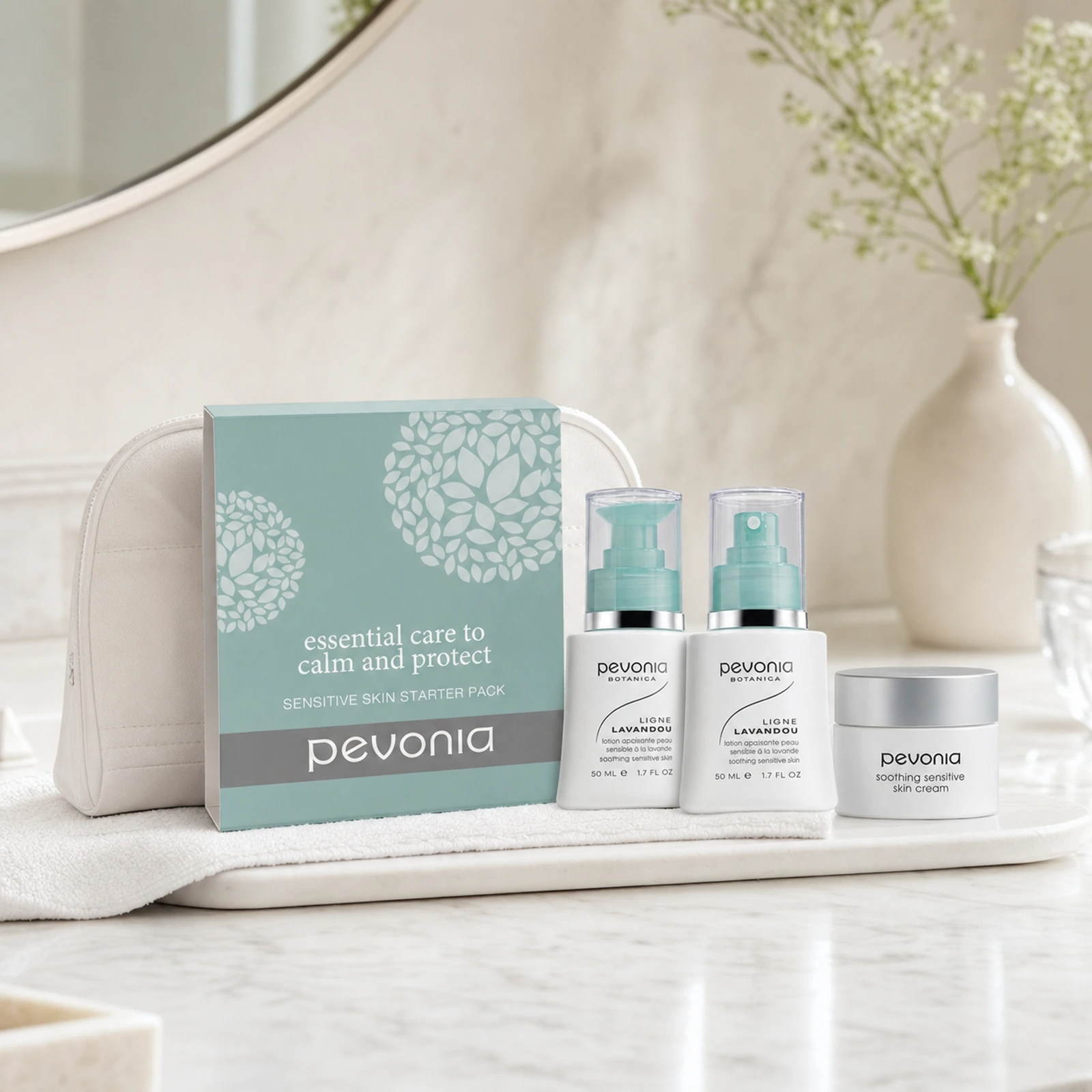 Pevonia Sensitive Skin Starter Kit on a luxury bathroom vanity for sensitive, reactive and redness-prone skin