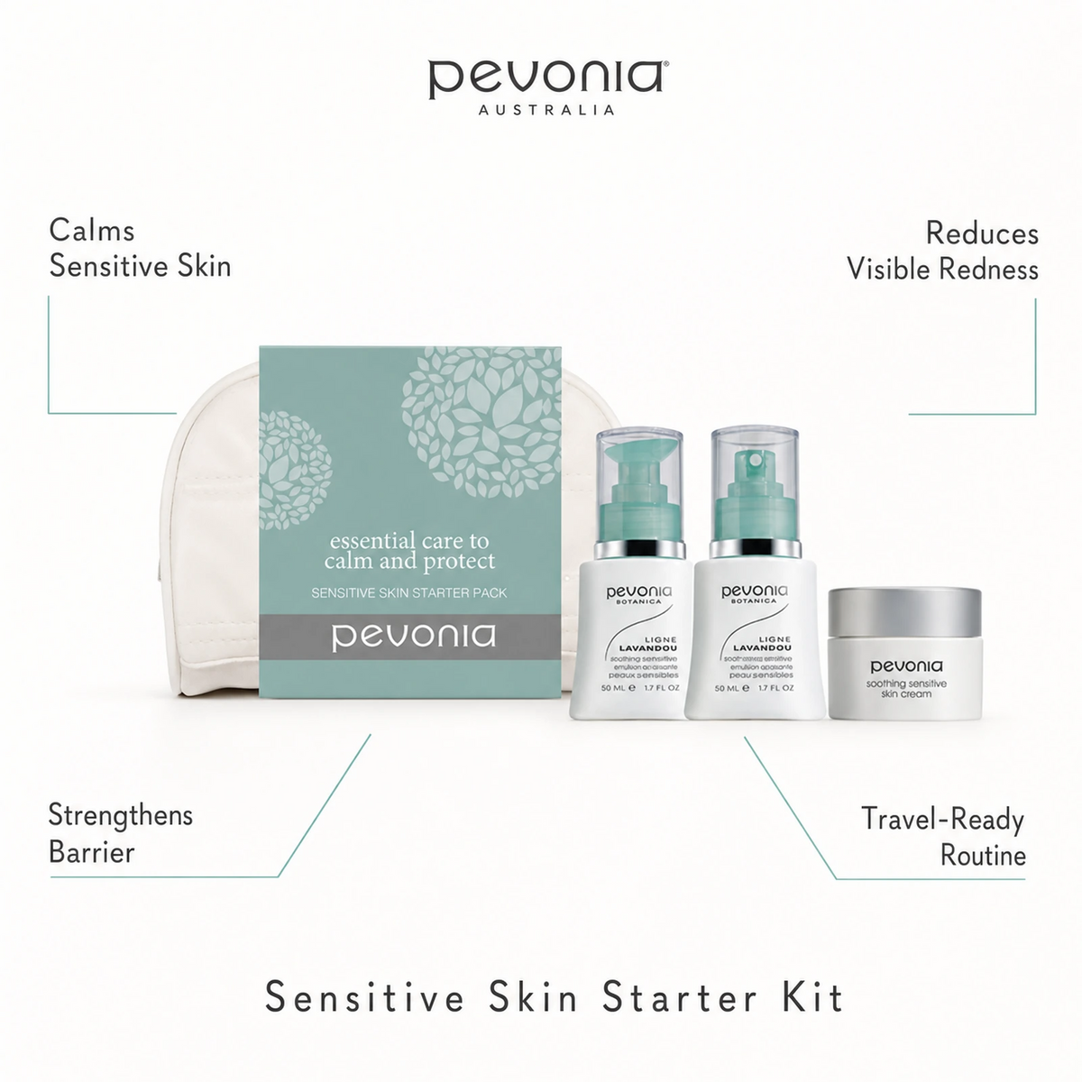 Pevonia Sensitive Skin Starter Kit with benefits for calming sensitive skin, reducing visible redness, barrier support and travel-ready care