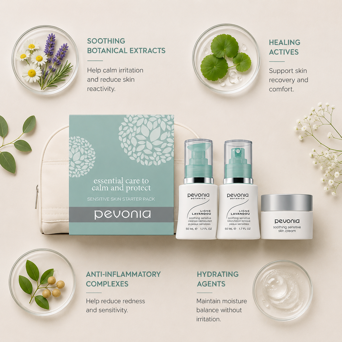 Pevonia Sensitive Skin Starter Kit ingredient flatlay featuring soothing botanical extracts, healing actives, anti-inflammatory complexes and hydrating agents arranged around starter pack products on a soft neutral background