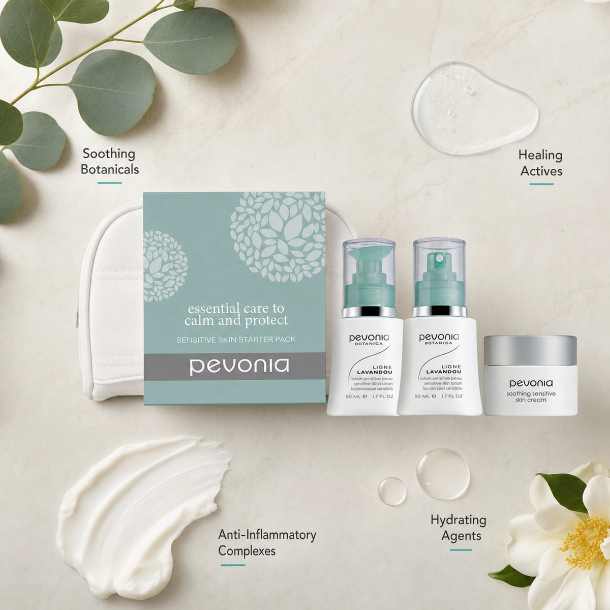 Pevonia Sensitive Skin Starter Kit ingredient flatlay with soothing botanicals, healing actives, anti-inflammatory complexes and hydrating agents
