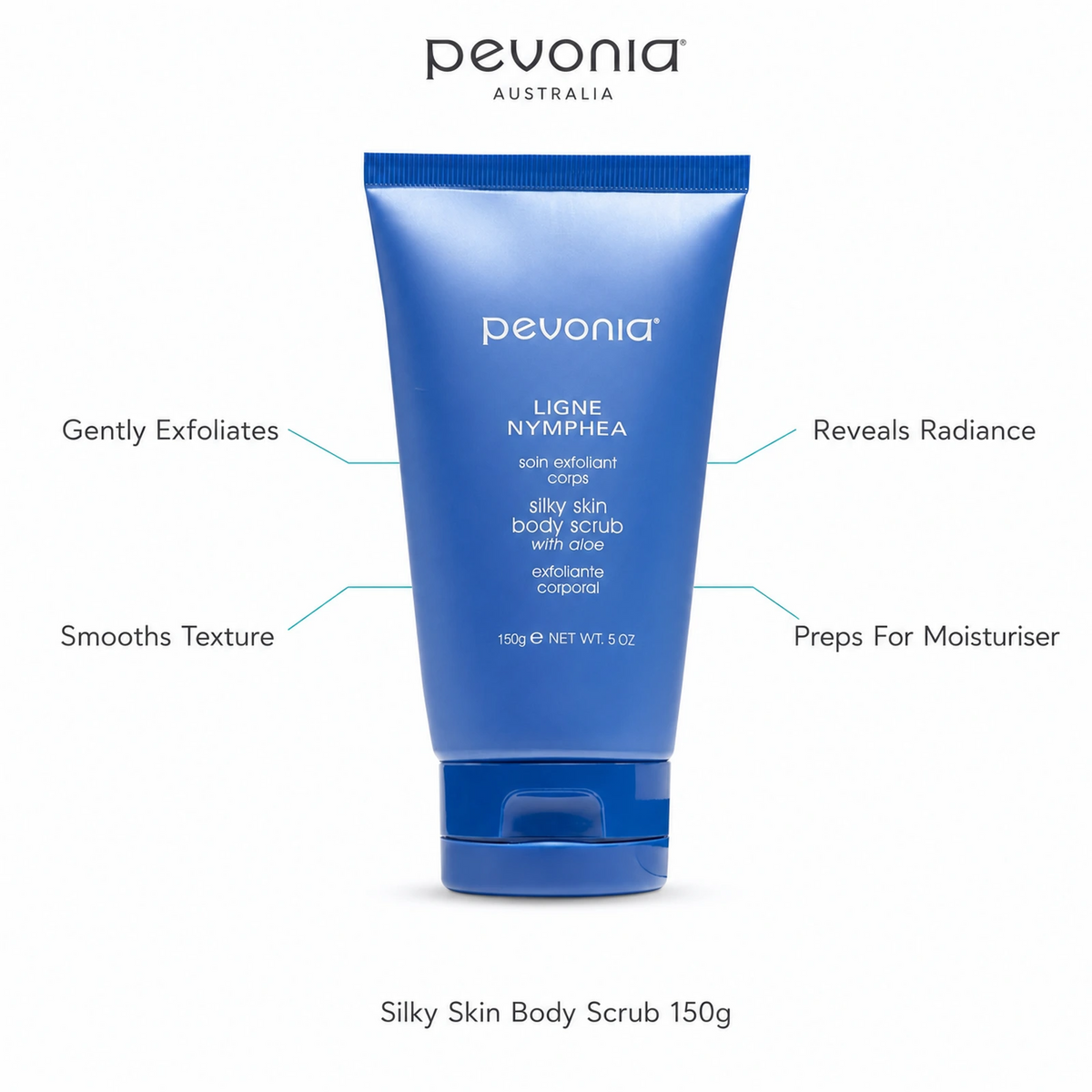 Pevonia Silky Skin Body Scrub 150g with benefits for gentle exfoliation, smoother texture, radiance and moisturiser preparation