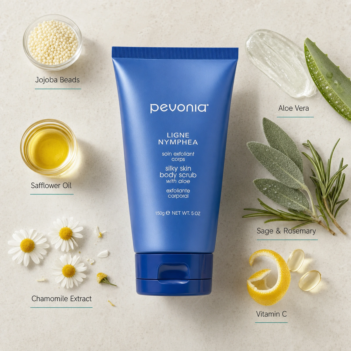 Pevonia Silky Skin Body Scrub 150g ingredient flatlay with Jojoba Beads, Safflower Oil, Chamomile Extract, Aloe Vera, Sage, Rosemary and Vitamin C