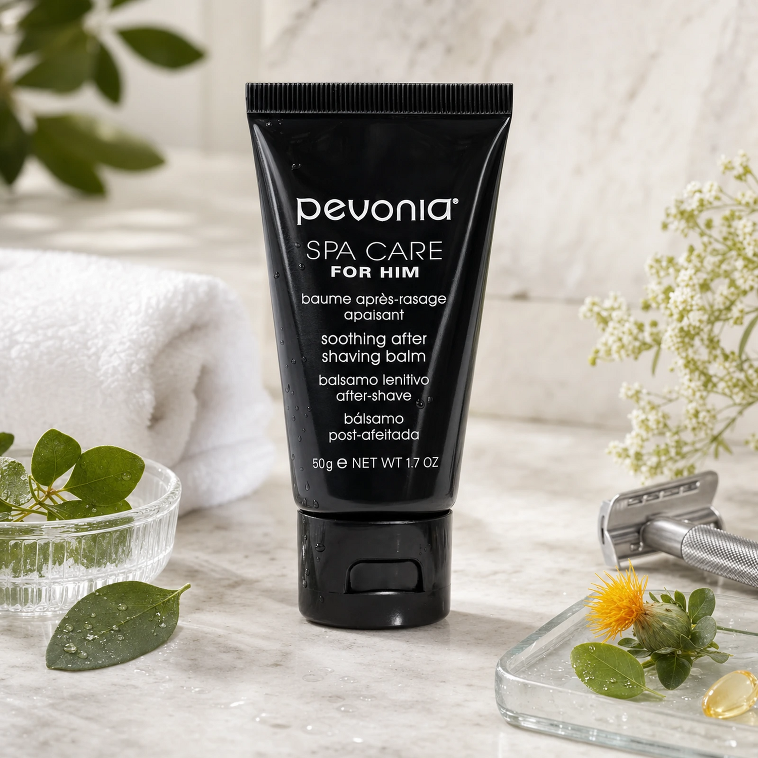 Pevonia Soothing After Shaving Balm 50ml on a luxury bathroom vanity for post-shave redness, razor burn and sensitive skin