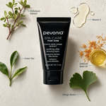 Pevonia Soothing After Shaving Balm 50ml ingredient flatlay with Portulaca Extract, Green Tea, Ginkgo Biloba, Safflower Seed Oil and Vitamin E
