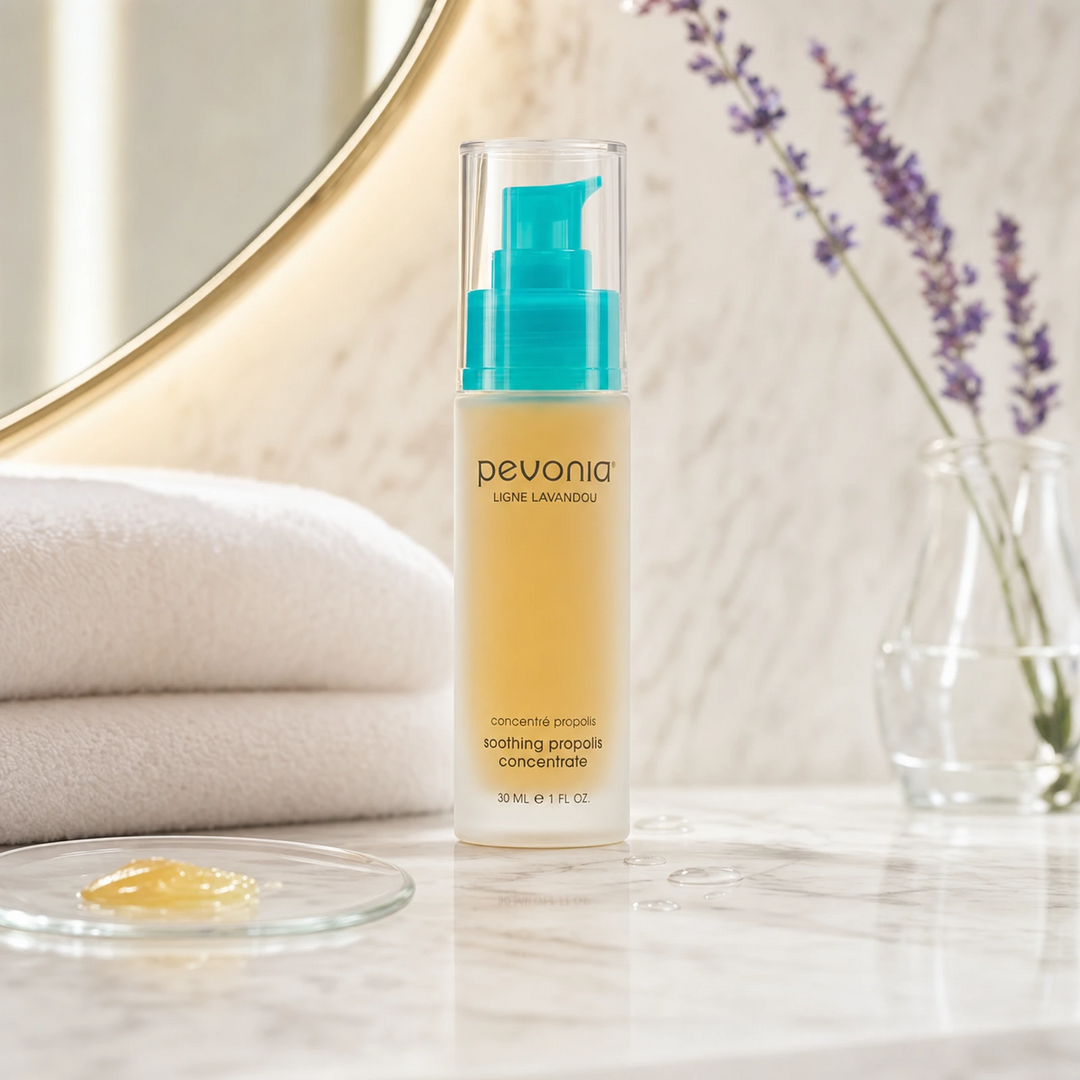 Pevonia Soothing Propolis Concentrate 30ml on a luxury bathroom vanity for sensitive, red and irritated skin