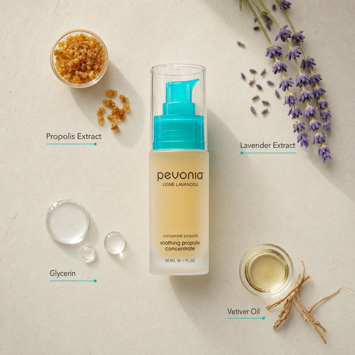 Pevonia Soothing Propolis Concentrate 30ml ingredient flatlay with Propolis Extract, Lavender Extract, Glycerin and Vetiver Oil