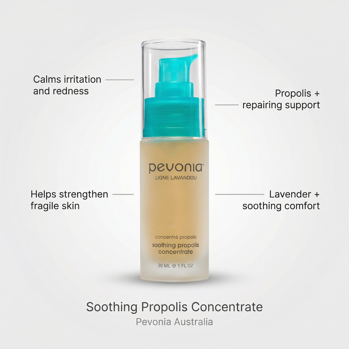 Pevonia Soothing Propolis Concentrate bottle with text highlighting its benefits on a light gray background