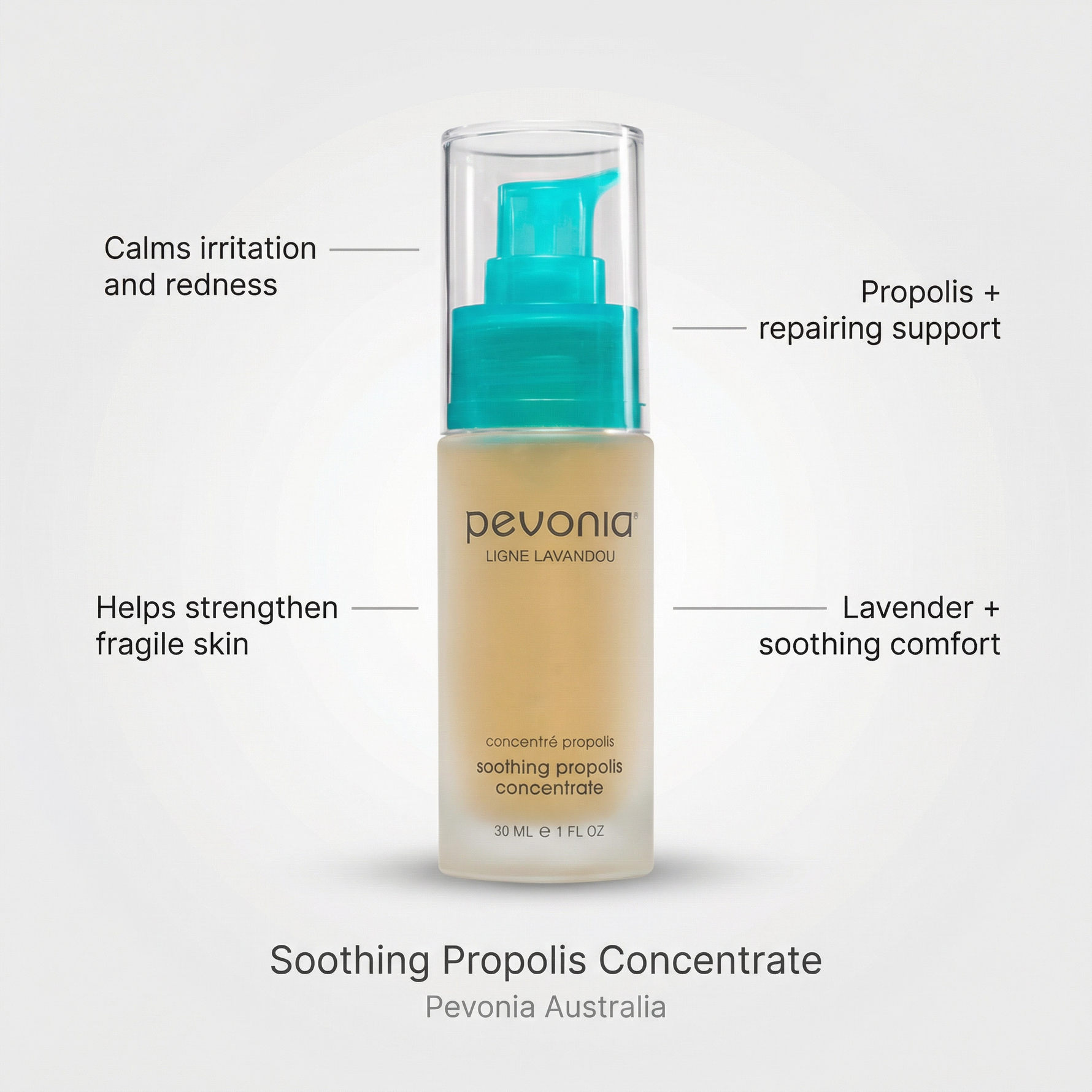 Pevonia Soothing Propolis Concentrate bottle with text highlighting its benefits on a light gray background