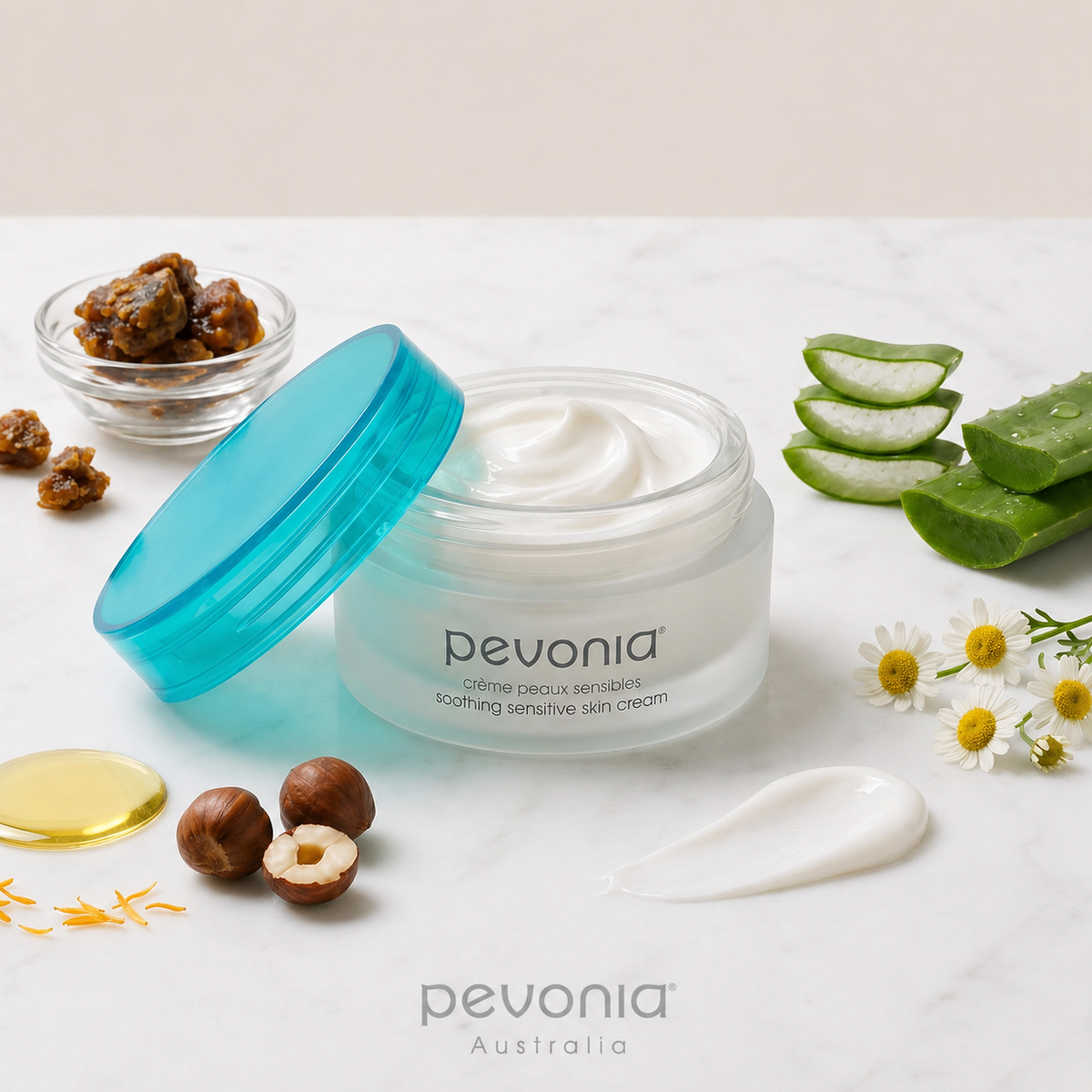 Pevonia Soothing Sensitive Skin Cream 50g lifestyle image with propolis aloe chamomile bisabolol and hazelnut oil ingredients for calming hydrating sensitive skin support