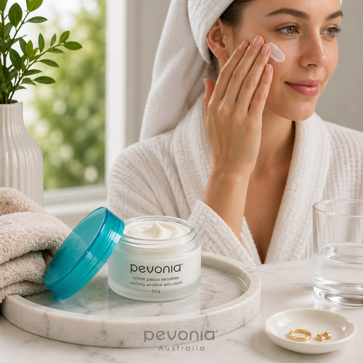 Woman applying Pevonia Soothing Sensitive Skin Cream 50g with open jar on marble tray in bathroom setting to calm, hydrate and comfort sensitive skin