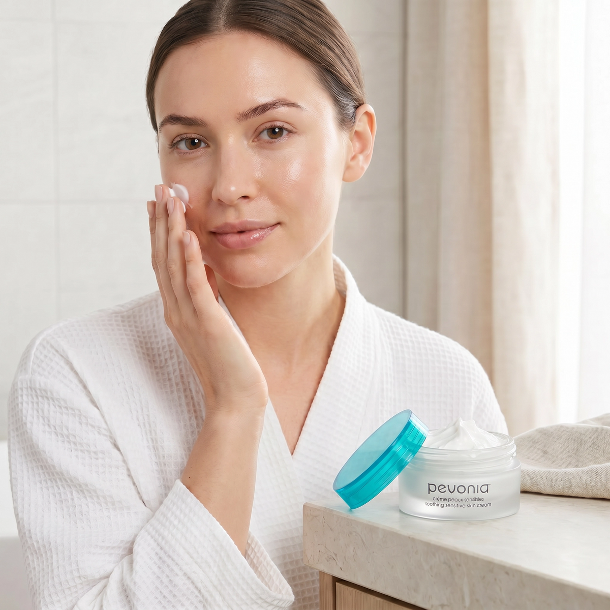 Woman applying Pevonia Soothing Sensitive Skin Cream 50g with open jar beside her for calming hydration and daily care of sensitive and reactive skin