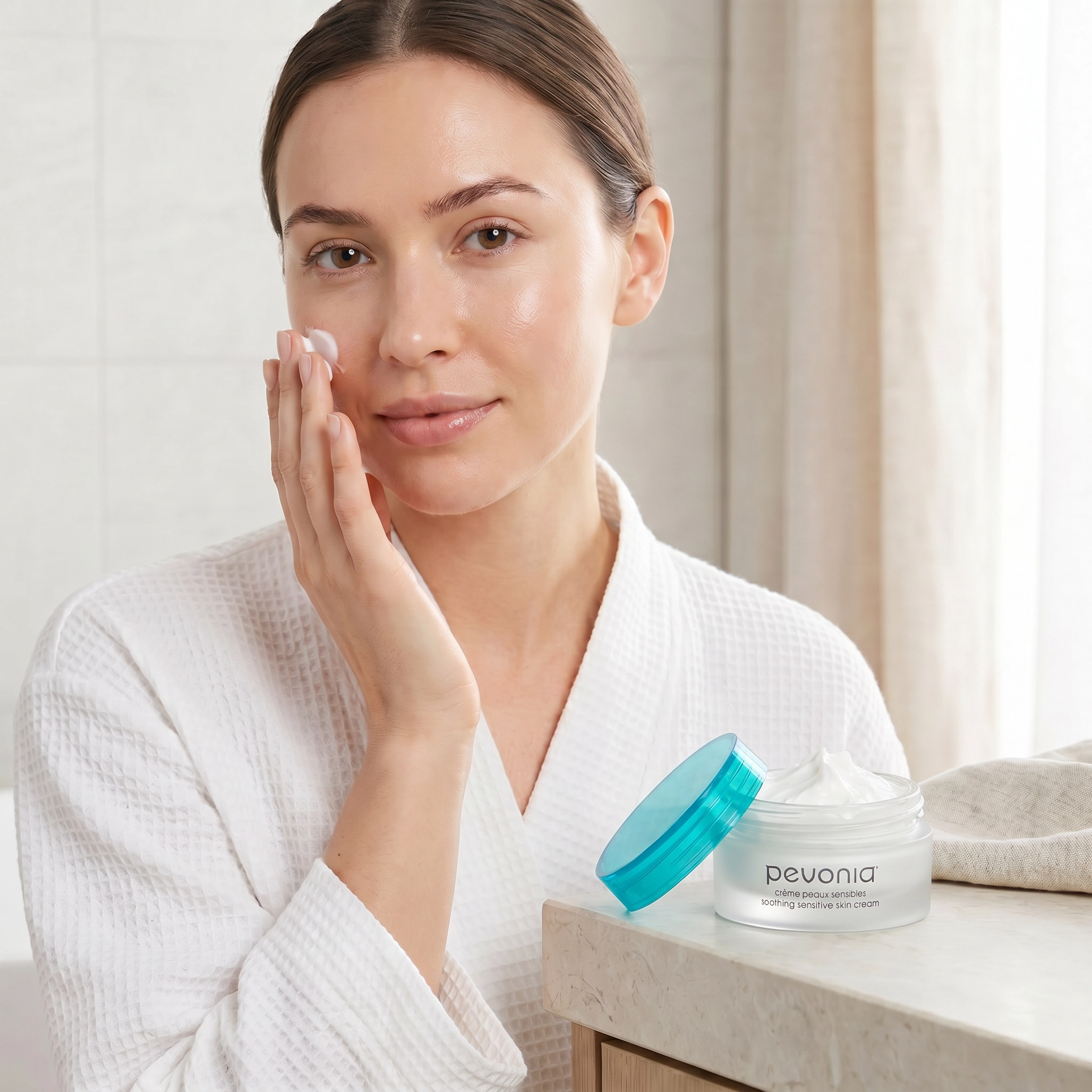 Woman applying Pevonia Soothing Sensitive Skin Cream 50g with open jar beside her for calming hydration and daily care of sensitive and reactive skin