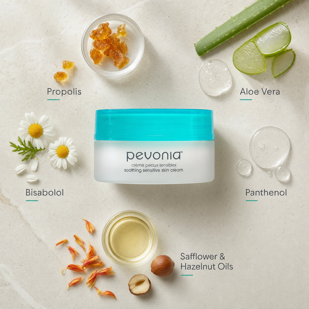 Pevonia Soothing Sensitive Skin Creamwith natural ingredients on a light background