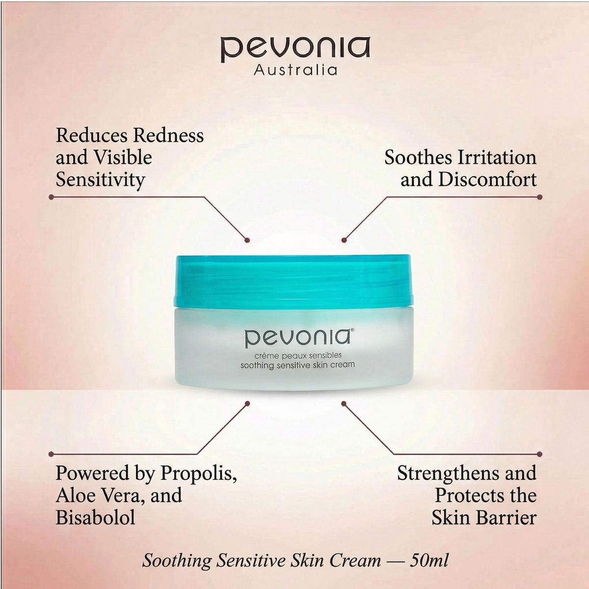 Pevonia Soothing Sensitive Skin Cream 50ml with propolis, aloe vera and bisabolol to reduce redness, calm irritation and strengthen the sensitive skin barrier