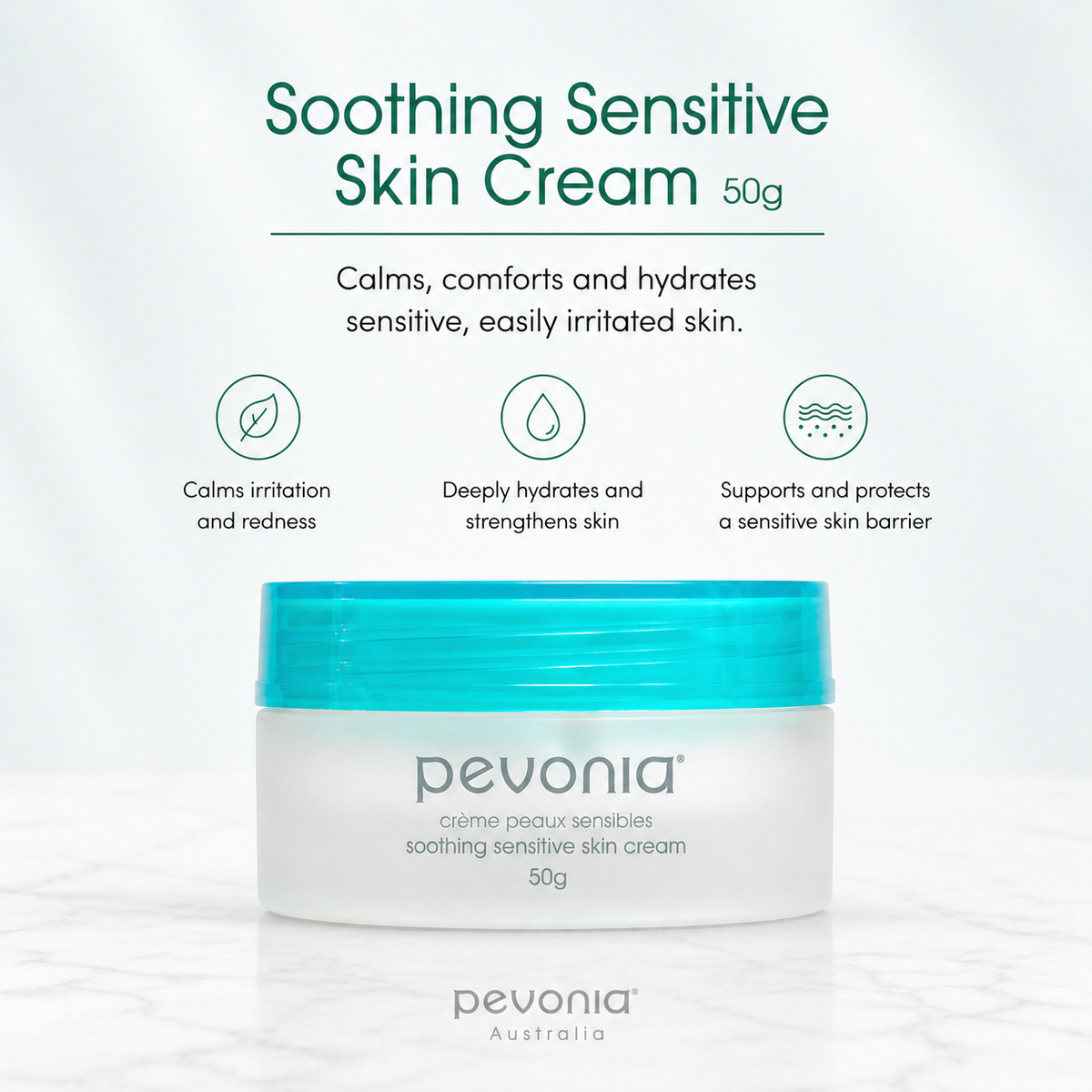 Pevonia Soothing Sensitive Skin Cream  retail size shown with calming hydration and barrier support benefits for sensitive skin