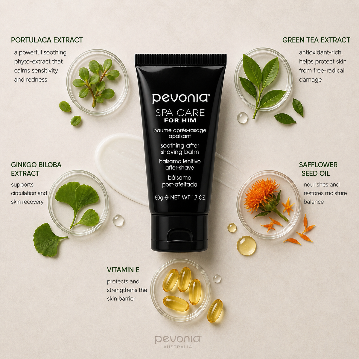 Pevonia Spa Care For Him Soothing After Shaving Balm ingredient flatlay showing portulaca extract, green tea, ginkgo biloba, safflower seed oil, and vitamin E arranged around black balm tube on neutral background