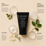 Pevonia Spa Care For Him Collagen Boost Eye Contour ingredient flatlay featuring acetyl hexapeptide-8, sodium hyaluronate sphérulites, collagen and glycerin arranged around the eye contour tube on a soft neutral background