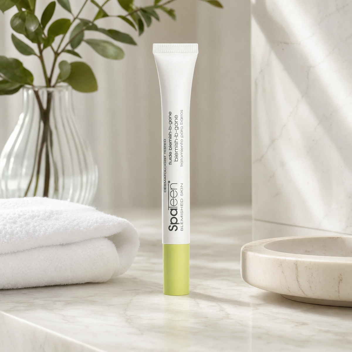 Pevonia SpaTeen Blemish-B-Gone 12ml on a luxury bathroom vanity for targeted care of active blemishes and breakout-prone skin
