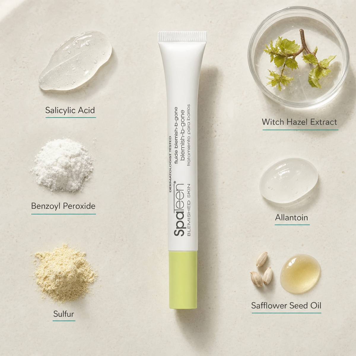 Pevonia SpaTeen Blemish-B-Gone 12ml ingredient flatlay with Salicylic Acid, Benzoyl Peroxide, Sulfur, Witch Hazel Extract, Allantoin and Safflower Seed Oil