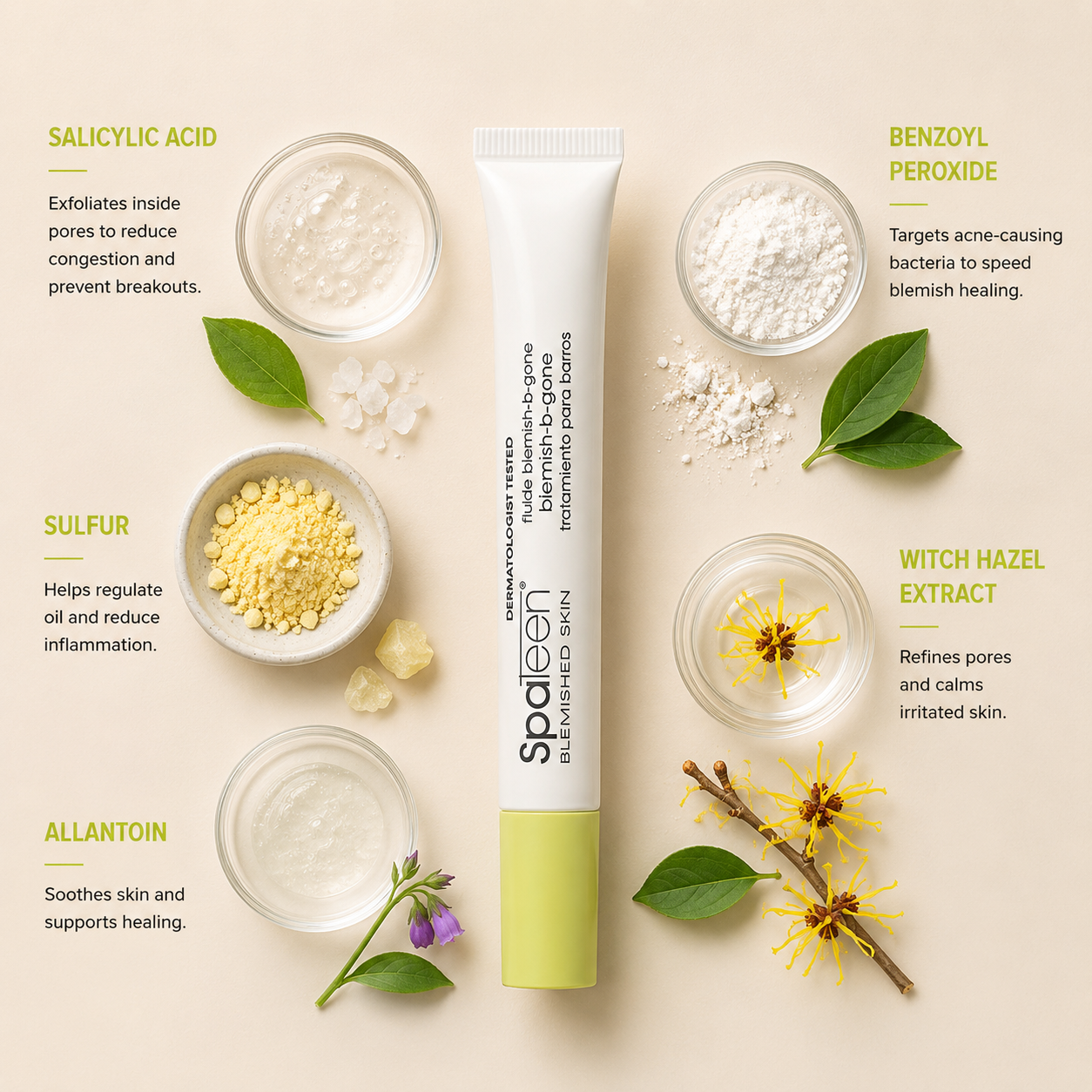 Pevonia SpaTeen Blemish B-Gone ingredient flatlay featuring salicylic acid, benzoyl peroxide, sulfur, witch hazel extract and allantoin arranged around the blemish treatment tube on a soft neutral background