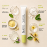 Pevonia SpaTeen Blemish B-Gone ingredient flatlay featuring salicylic acid, benzoyl peroxide, sulfur, witch hazel extract and allantoin arranged around the blemish treatment tube on a soft neutral background