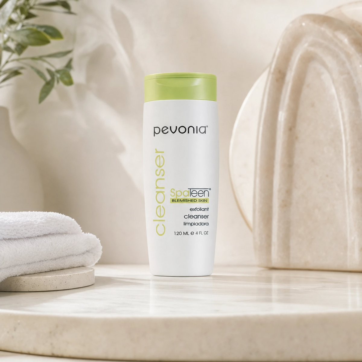 Pevonia SpaTeen Blemished Skin Cleanser 120ml on a luxury bathroom vanity for teen and adult blemish-prone skin