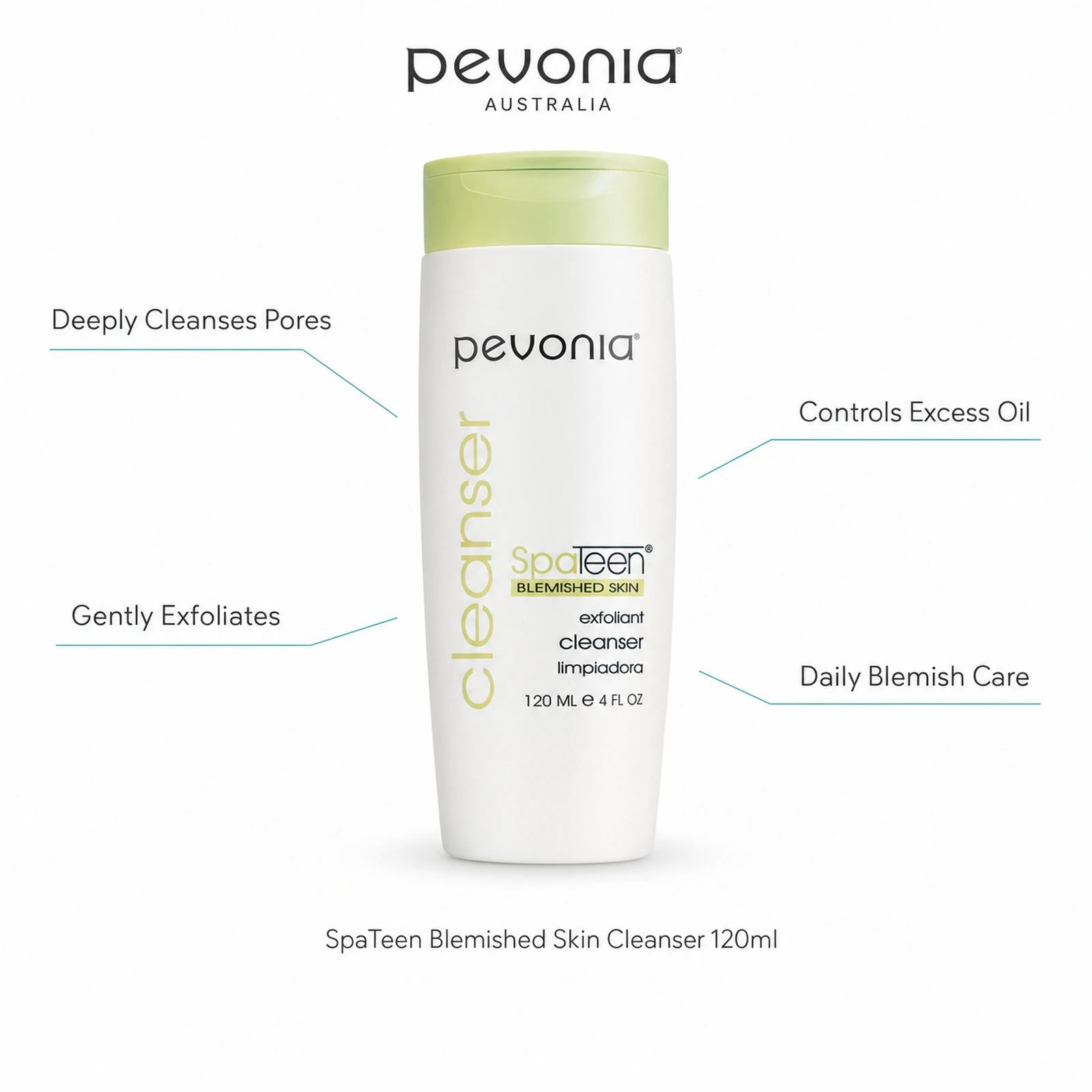 Pevonia SpaTeen Blemished Skin Cleanser 120ml with benefits for deep pore cleansing, gentle exfoliation, excess oil control and daily blemish care