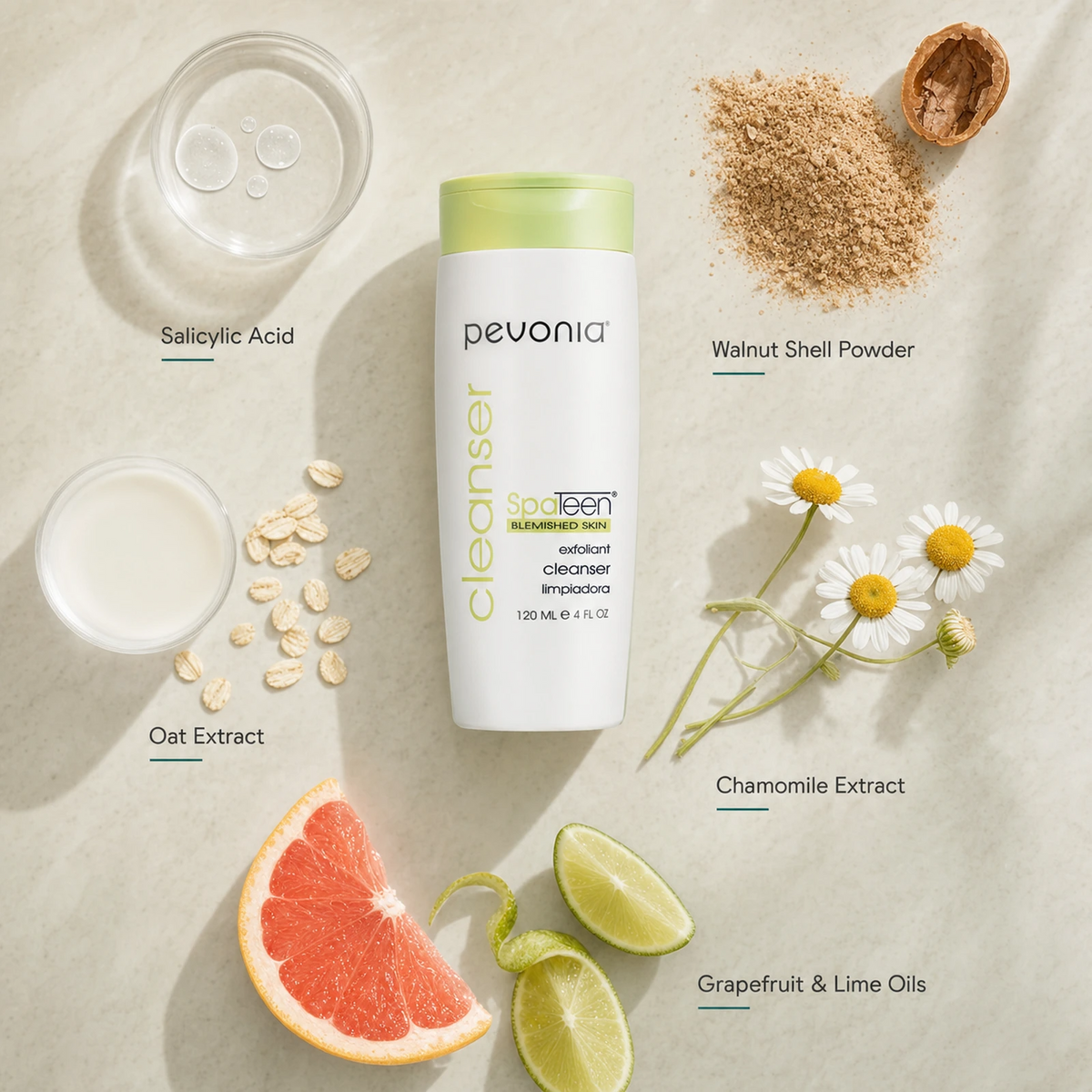 Pevonia SpaTeen Blemished Skin Cleanser 120ml ingredient flatlay with Salicylic Acid, Walnut Shell Powder, Oat Extract, Chamomile Extract, Grapefruit and Lime Oils