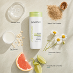 Pevonia SpaTeen Blemished Skin Cleanser 120ml ingredient flatlay with Salicylic Acid, Walnut Shell Powder, Oat Extract, Chamomile Extract, Grapefruit and Lime Oils