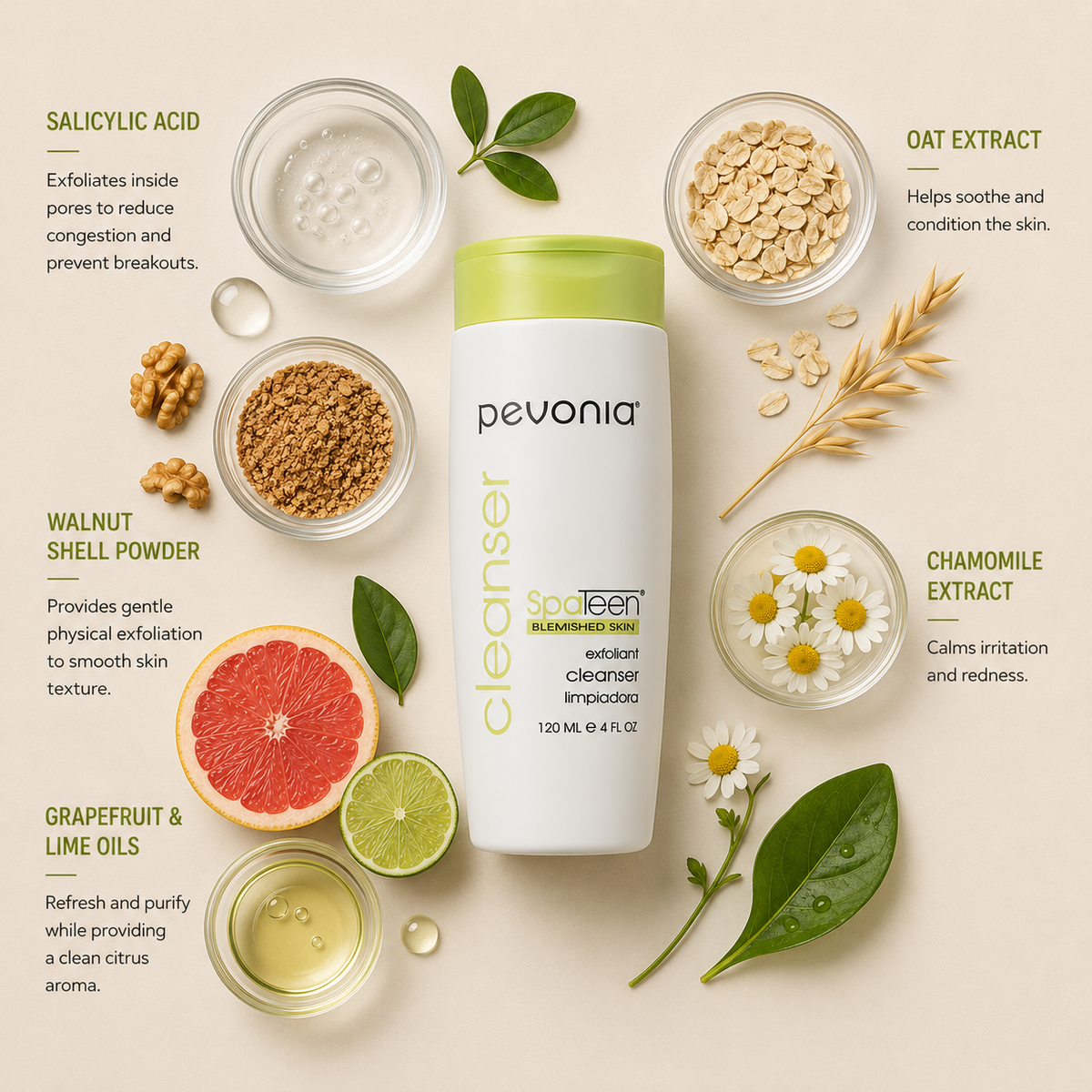 Pevonia SpaTeen Blemished Skin Cleanser ingredient flatlay featuring salicylic acid, walnut shell powder, oat extract, chamomile extract and grapefruit with lime oils arranged around product on a soft neutral background