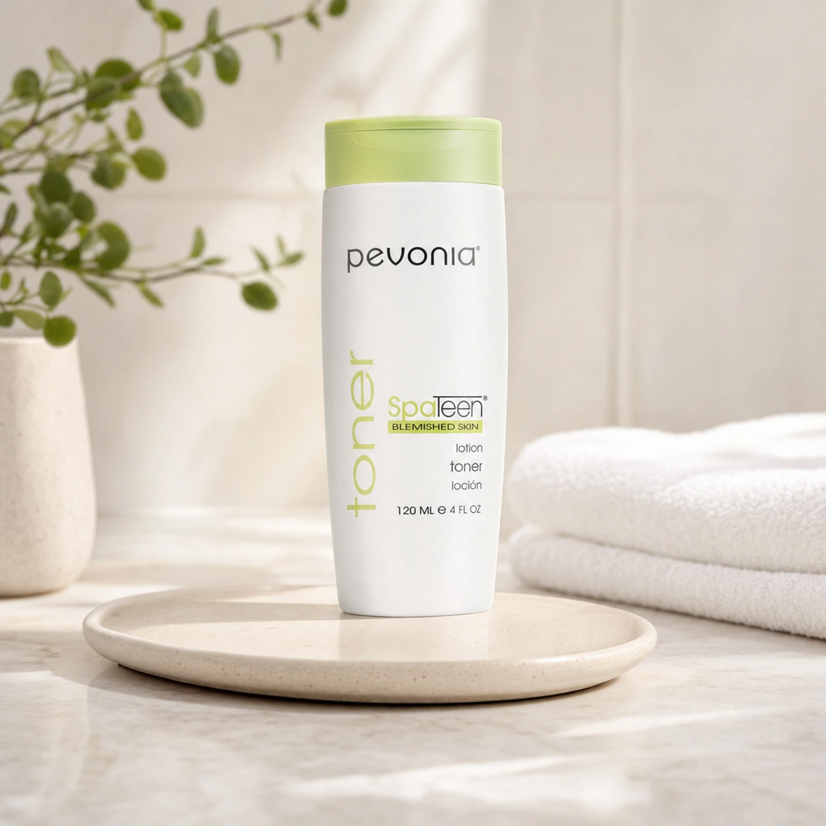Pevonia SpaTeen Blemished Skin Lotion 120ml on a luxury bathroom vanity for blemish-prone, oily and congested skin