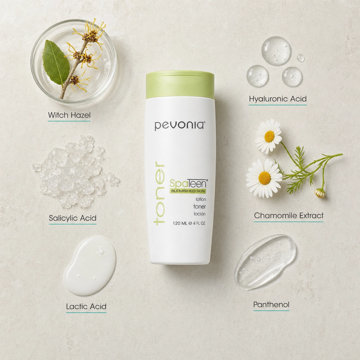 Pevonia SpaTeen Blemished Skin Lotion 120ml ingredient flatlay with Witch Hazel, Salicylic Acid, Lactic Acid, Hyaluronic Acid, Chamomile Extract and Panthenol