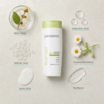 Pevonia SpaTeen Blemished Skin Lotion 120ml ingredient flatlay with Witch Hazel, Salicylic Acid, Lactic Acid, Hyaluronic Acid, Chamomile Extract and Panthenol