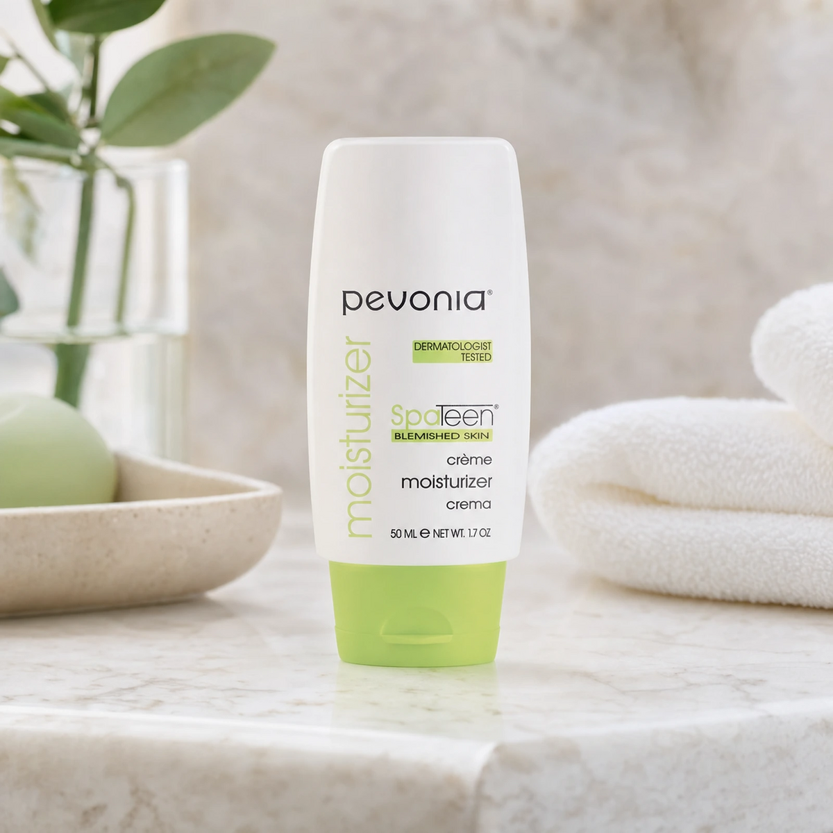 Pevonia SpaTeen Blemished Skin Moisturizer 50ml on a luxury bathroom vanity for teen and adult breakout-prone skin