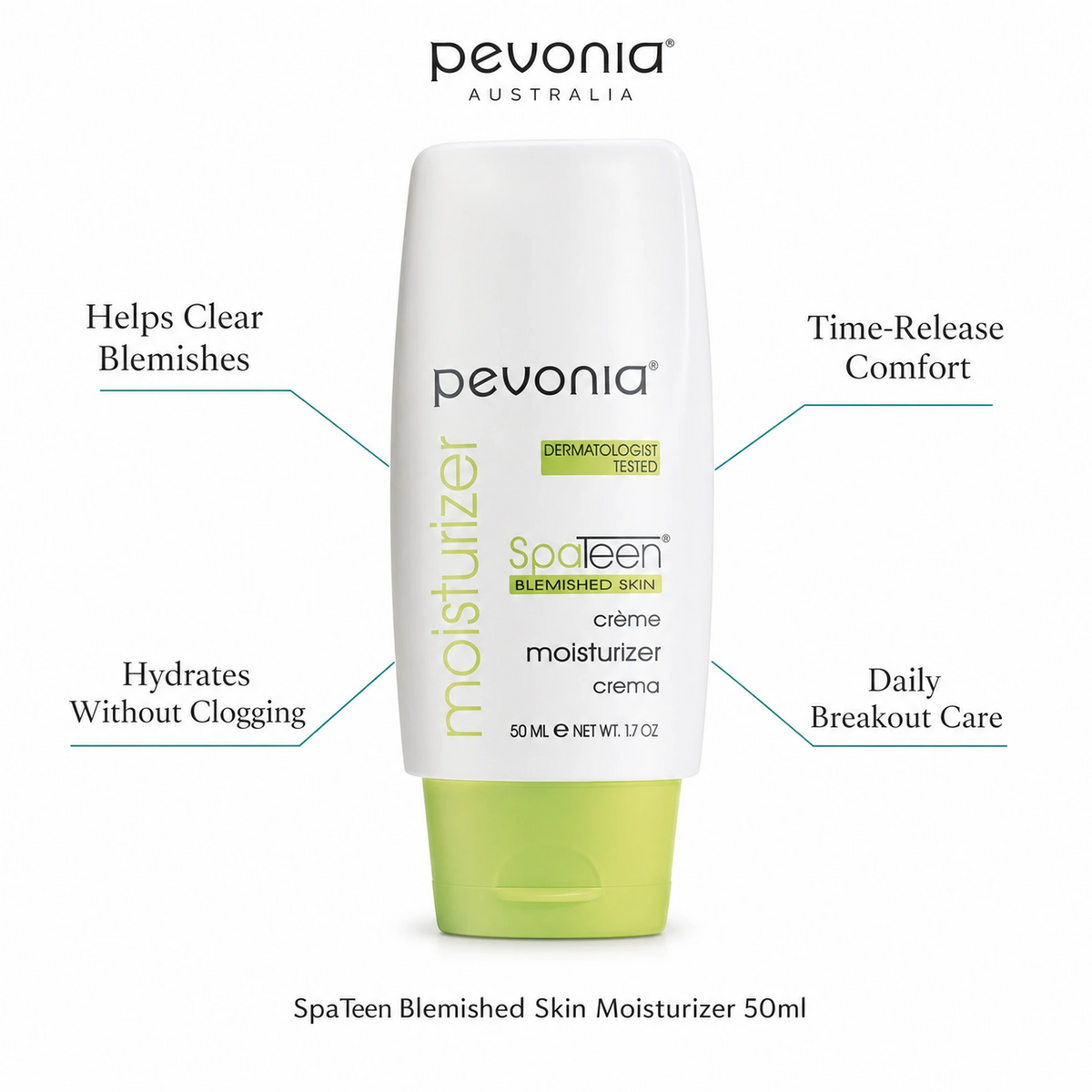 Pevonia SpaTeen Blemished Skin Moisturizer 50ml with benefits for blemish care, non-clogging hydration, time-release comfort and daily breakout support