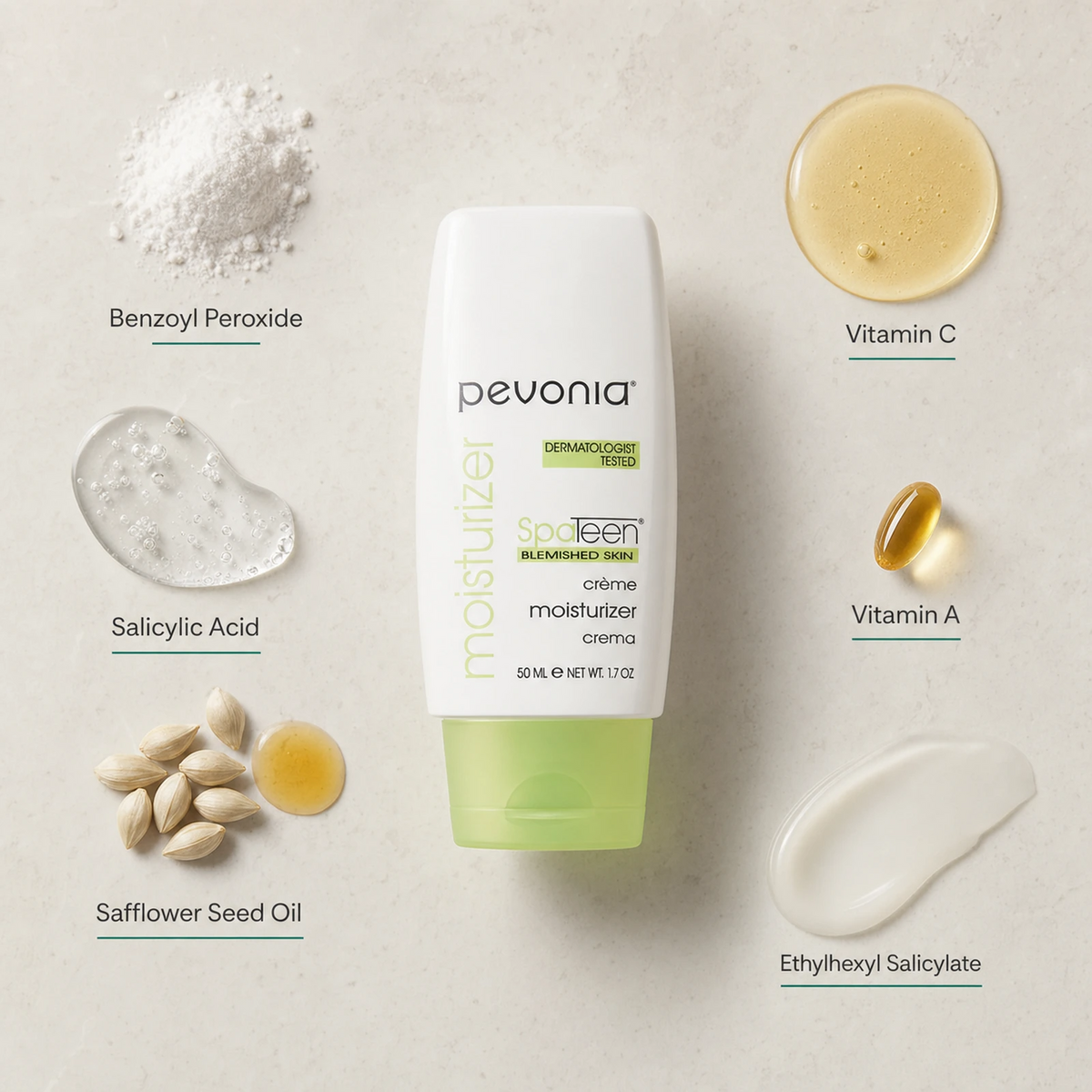 Pevonia SpaTeen Blemished Skin Moisturizer 50ml ingredient flatlay with Benzoyl Peroxide, Salicylic Acid, Safflower Seed Oil, Vitamin C, Vitamin A and Ethylhexyl Salicylate