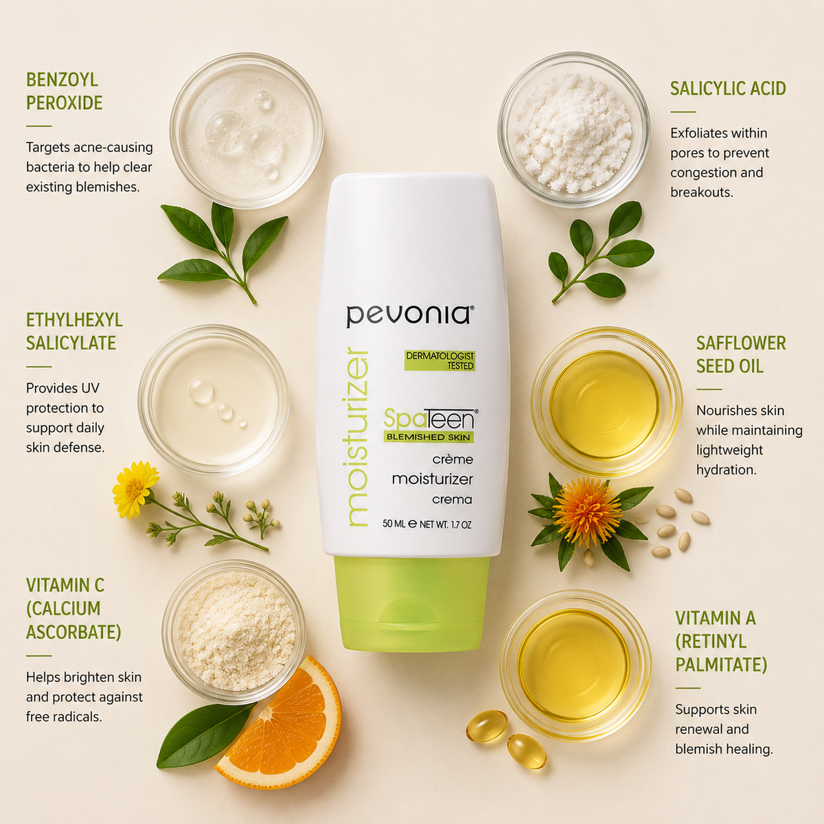 Pevonia SpaTeen Blemished Skin Moisturizer ingredient flatlay featuring benzoyl peroxide, salicylic acid, ethylhexyl salicylate, safflower seed oil, vitamin C and vitamin A arranged around the moisturizer bottle on a soft neutral background