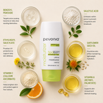 Pevonia SpaTeen Blemished Skin Moisturizer ingredient flatlay featuring benzoyl peroxide, salicylic acid, ethylhexyl salicylate, safflower seed oil, vitamin C and vitamin A arranged around the moisturizer bottle on a soft neutral background