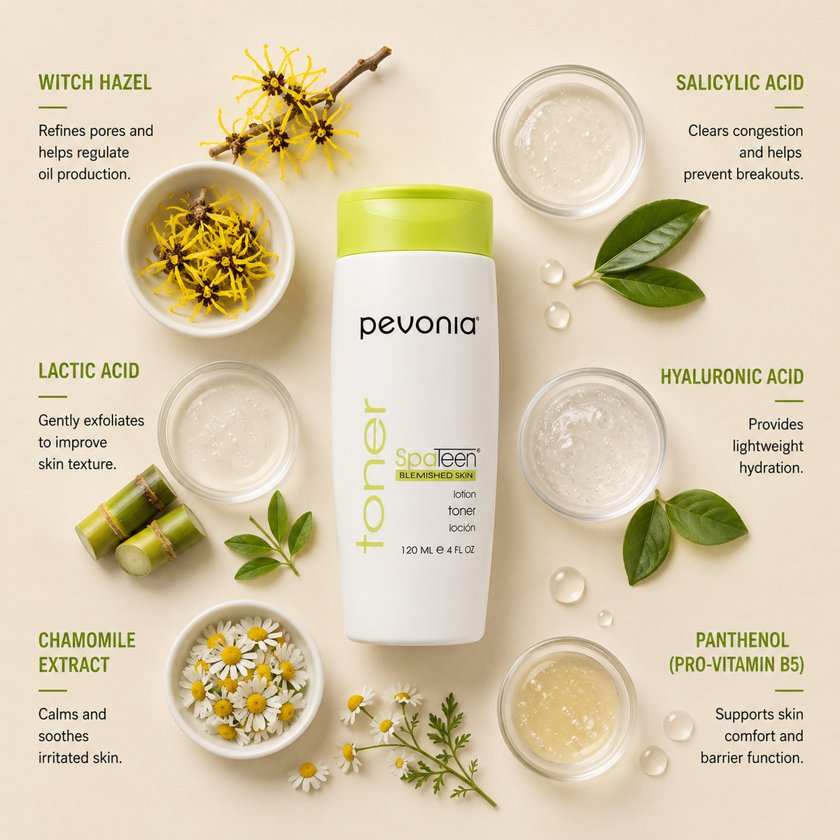 Pevonia SpaTeen Blemished Skin Toner ingredient flatlay featuring witch hazel, salicylic acid, lactic acid, hyaluronic acid, chamomile extract and panthenol arranged around the toner bottle on a soft neutral background